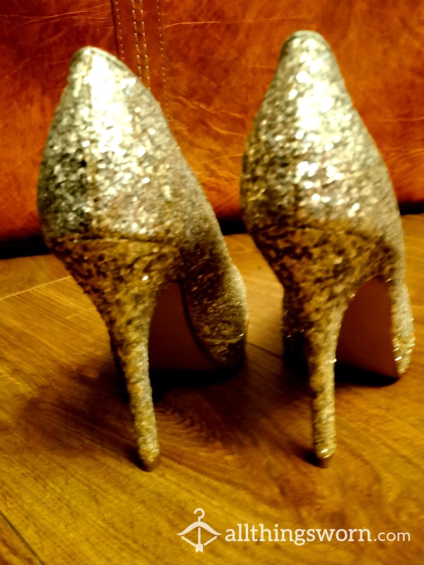 Sooo Hot Gold Glitter Very High Heels 👠👠👠💋 Worn To Party 🎉🎉 Size 5. Absolutely Stunning 🔥🔥