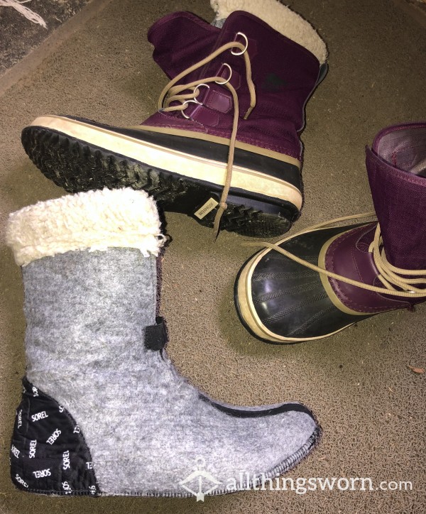 Extremely Well Worn Smelly Stinky Sorel Winter Boots W/ Removable Insole Liners For Big Feet FREE SHIPPING