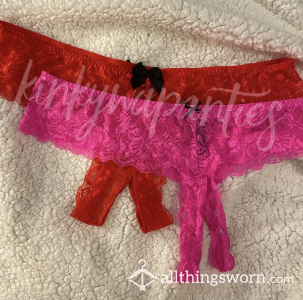 Split-Gussett/Crotchless Lace Panties In Red Or Pink!  Includes 2-day Wear & U.S. Shipping