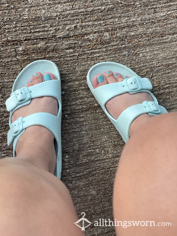Stinky Smelly, Turquoise, Sandals, Cute, Very Worn In