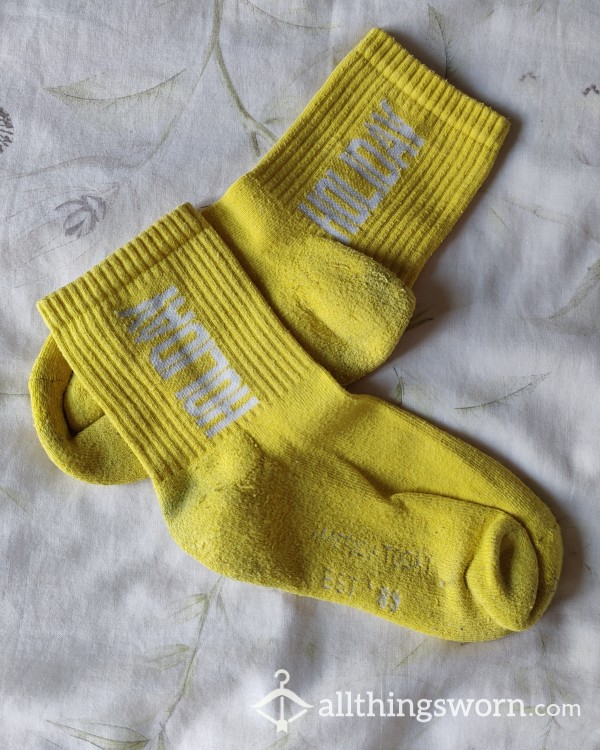 Stained Yellow Socks With 'HOLIDAY' Writing, Very Well-worn