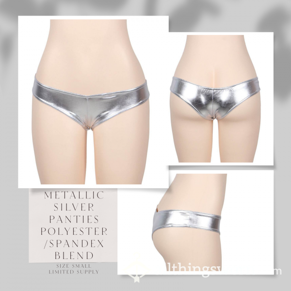🛒🖼️🏖️ Stock Photo Used 🏖️ Polyester / Spandex Blend 🏖️Size Small (5) 🏖️ Metallic Silver Cheeky Panties 🏖️ Additional Photos Included In Listing 🏖️