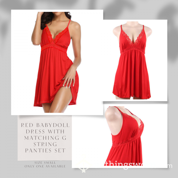 🛒🖼️☃️Stock Photo Used ☃️ Polyester / Spandex Blend ☃️ Size Small ☃️ Only One Available ☃️ Red Babydoll Dress With Matching G String Panties Bundle Set ☃️