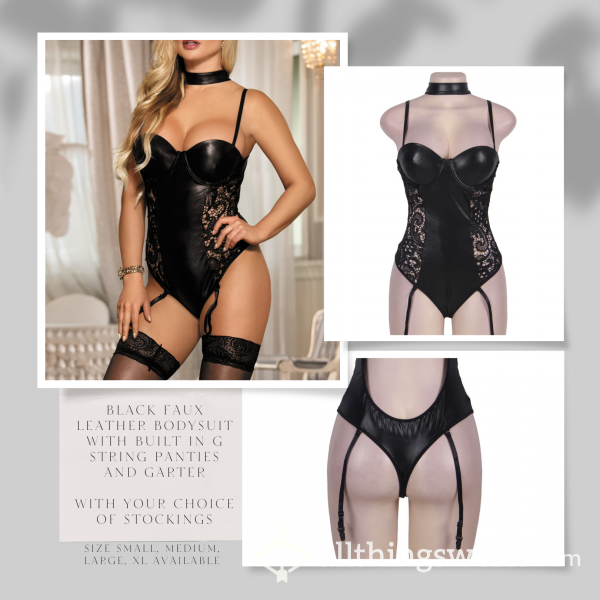 🛒🖼️🛍️☃️ Stock Photo Used ☃️ S(10) M(5) L(2) XL(2) ☃️ Polyester / Spandex Blend ☃️ Black Faux Leather One Piece + Your Choice Of Stockings Bundle Set ☃️ Additional Photos Included In Listing ☃