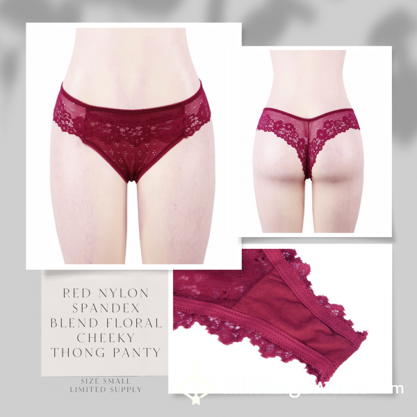 🛒🖼️🏖️ Stock Photo Used 🏖️ Size Small (5) 🏖️88% Nylon / 12% Spandex 🏖️ Red Floral Lace Cheeky Thong Panty 🏖️