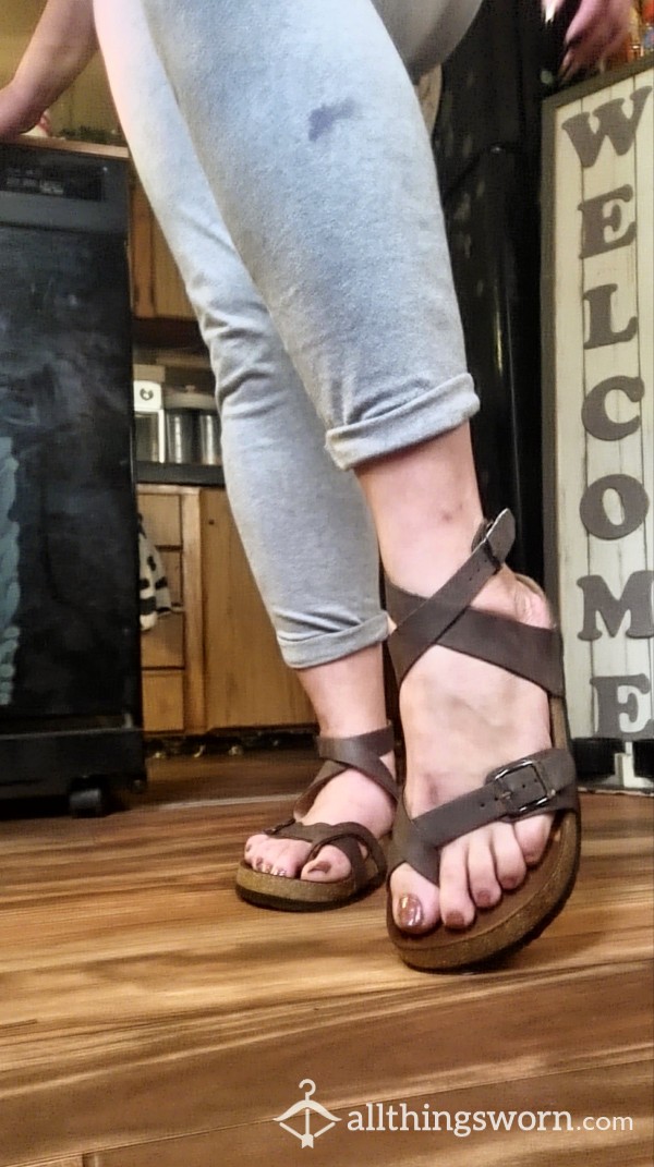 Strap Around The Ankle Sandals, Cork Bottoms, Foot Imprints, Strappy Sandals! Very Worn Very Sexy