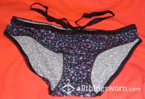 Strappy Black With Flowers Victoria's Secret Bikini Panties,  Size Small