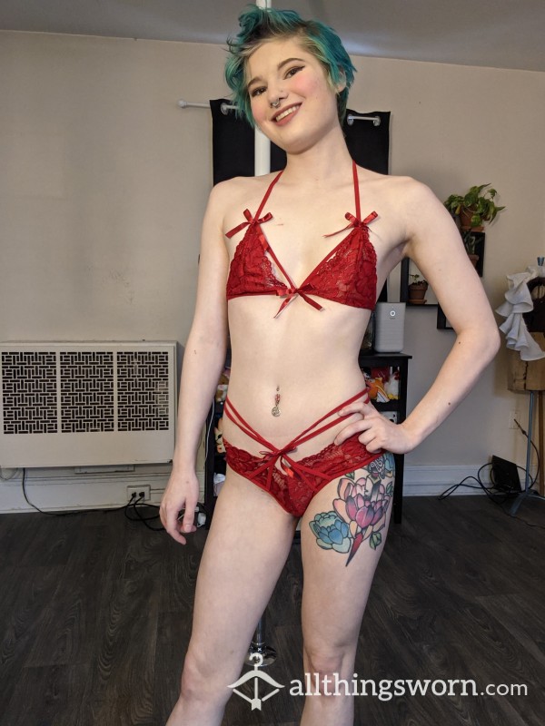 Strappy Red Lace Lingerie 2 Piece Set