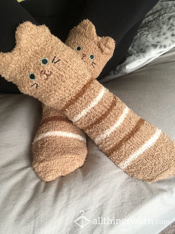 Striped Fluffy Bear Socks With Ears