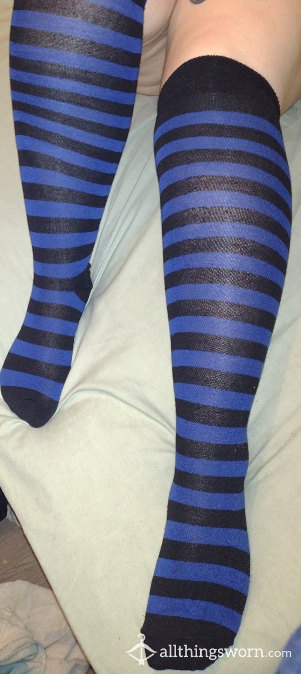 Stripey Blue And Black Knee High Socks