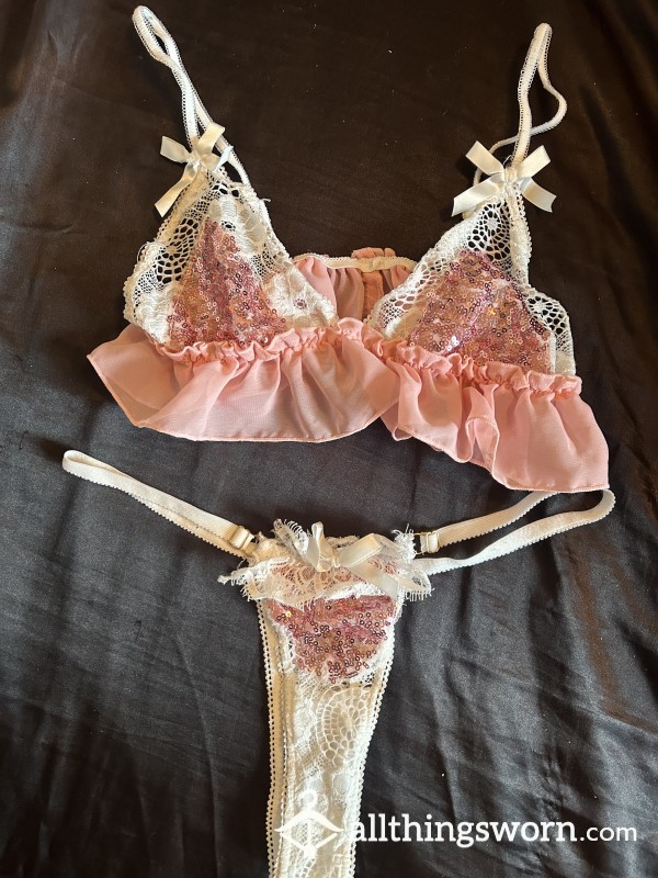 💕 FREE USA SHIPPING + 2 Day Wear  🥰 Stripper Goddess Pink And White Girly Sequin And Lace Two Piece Set