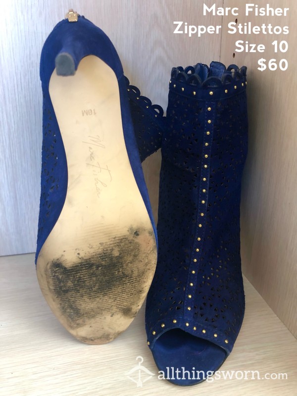 💙 Suede, Royal Blue Stiletto Booties With Gold Studs - Marc Fisher 💙