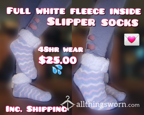 SUPER CUTE SLIPPER SOCKS --> WHITE FLEECE THROUGHOUT --> 48HR WEAR, PROOF PICS, SHIPPING & TRACKING INCL.