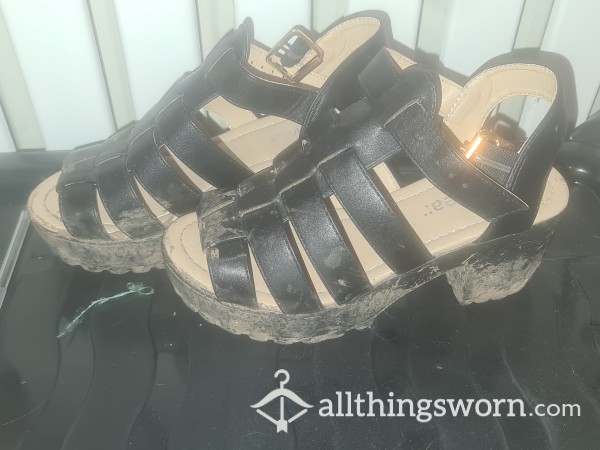 Super Muddy Gross Well Worn Heeled Sandals