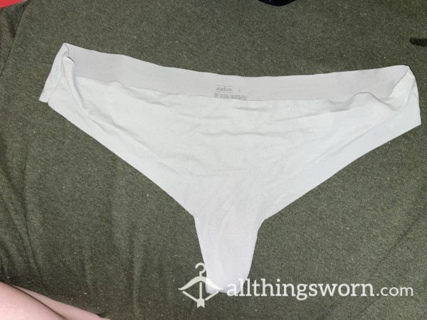 ***PENDING***SUPER OLD, Well-worn & Loved Nylon Thong 🥵😘 Seamless No Show, Size Large.. STAINED 💋🩸faded & Discolored!!! 48hr Wear 🫶🏼