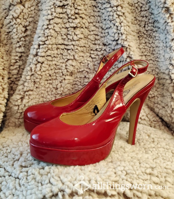 Super Sexy Cherry Red Sling-back Heels - Size 8 - Well Worn & Loved