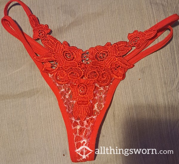 Super Sexy Red Thong With Extra Straps On The Hips And Flower Desing On Front