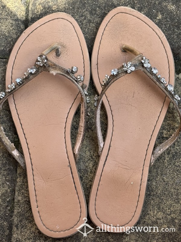 Super Well-worn Faux Leather Jewelled Flip-flops
