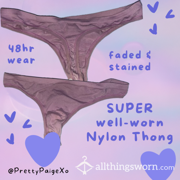 Super Well-worn & Old Thong 😏 Faded & Stained 🥵 Pink Purple Nylon 🫶🏼 Size Medium, 48hr Wear 😈