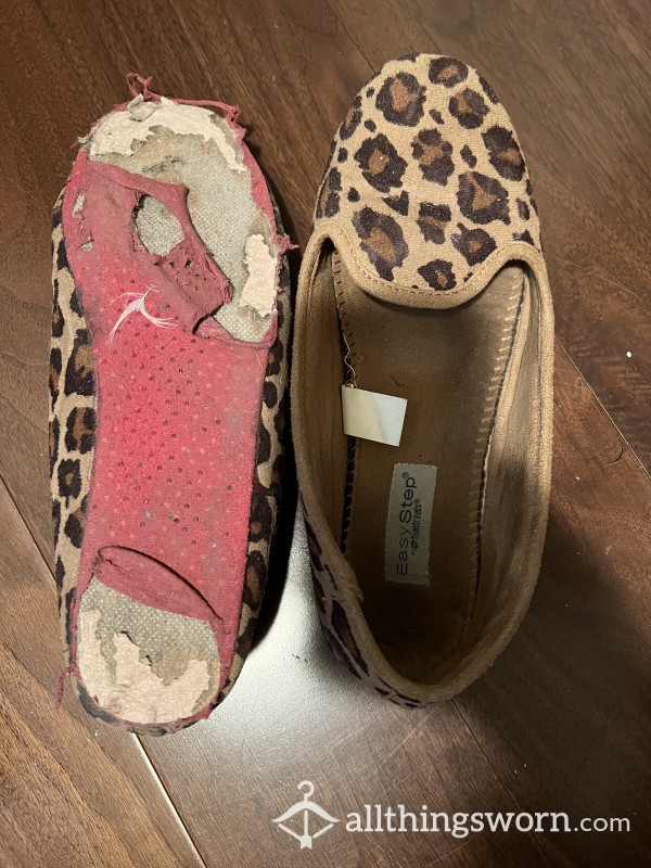 Super Worn In Cozy Smelly Leopard Flats/ Slippers