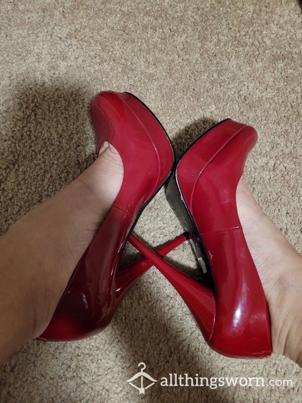 Sweaty And Dirty, Yet Sexy And Shiny Patent Leather Red Guess Brand Fuck Me Heels In Women's US 7.5. Heavily Worn In And Out Of The Boudoir