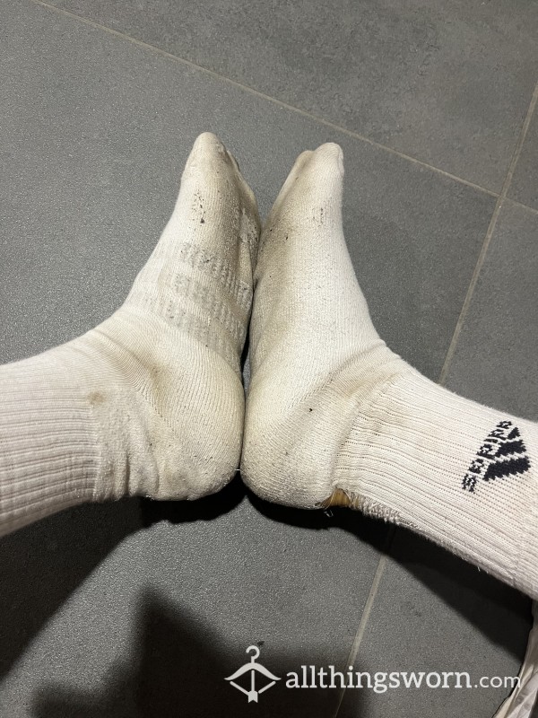 Sweaty, Dirty, White Adidas Socks With Holes