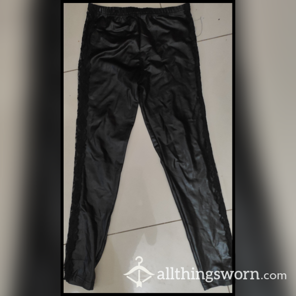 Synthetic Leather Leggings With Lace On The Sides 🔥