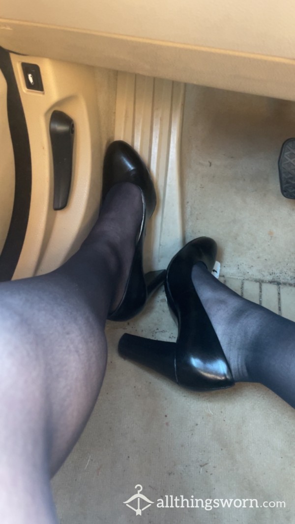 Taking Off My Work Heels At The End Of A Long Day, Sheer Tights, Stockings, Calvin Klein Black Leather Block Heel Closed Pointed Toe Size 7, I Show Off My Red Classic Red Toe Nails Through Sh