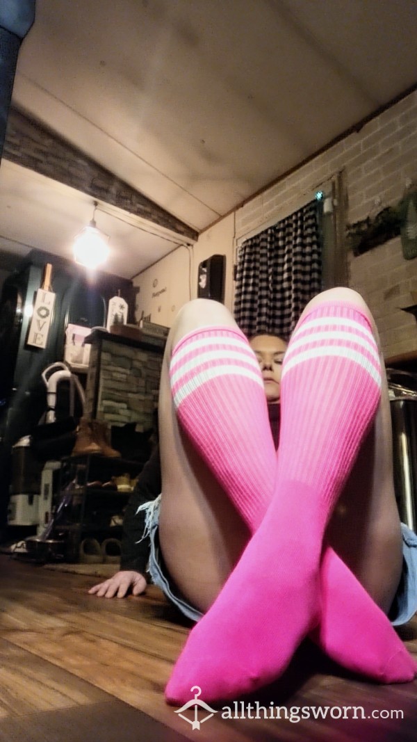 Tall Neon Pink Gym Socks - Black Light Responsive 💦 3 Day Wear, Includes Pic Set & Shipping