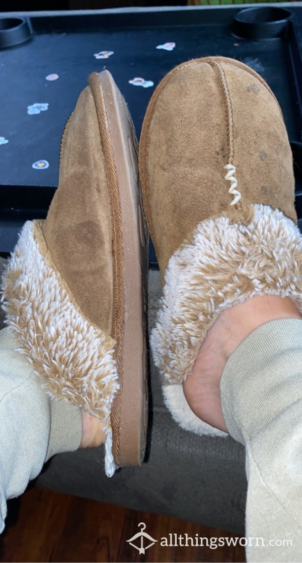 Tan And White Fuzzy Slippers