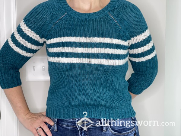 Teal And White Varsity Cable-Knit Sweater