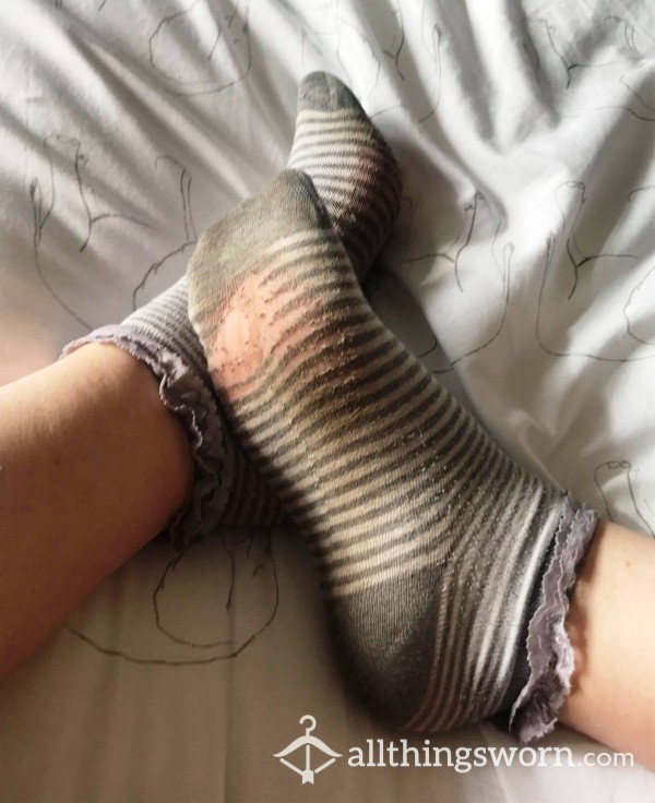These Are My Old, Holey, White And Grey Trainer Socks With Lacey Trim.