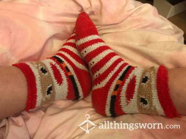 These Are My Old, Well Worn, Fluffy, Christmas Santa Ankle Socks