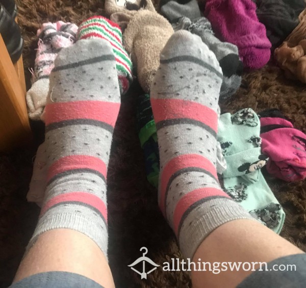 These Are My Old, Well Worn, Thin, Pink And Grey, Stripey Ankle Socks