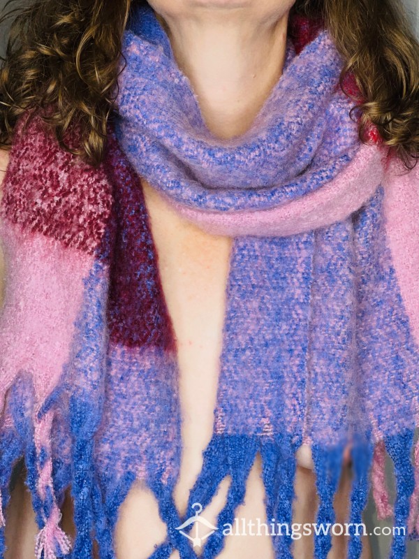 Thick, Cozy, Purple, Pink, And Red Block Patterned Wool Scarf