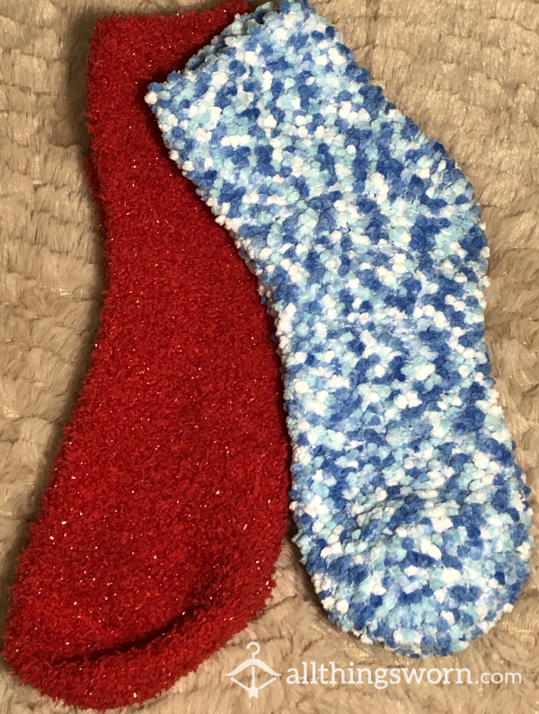 Thick Fluffy Socks In Red Or Blue