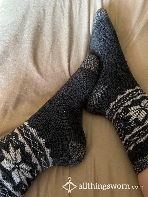 Thick Well Worn And Loved Gray And White Socks