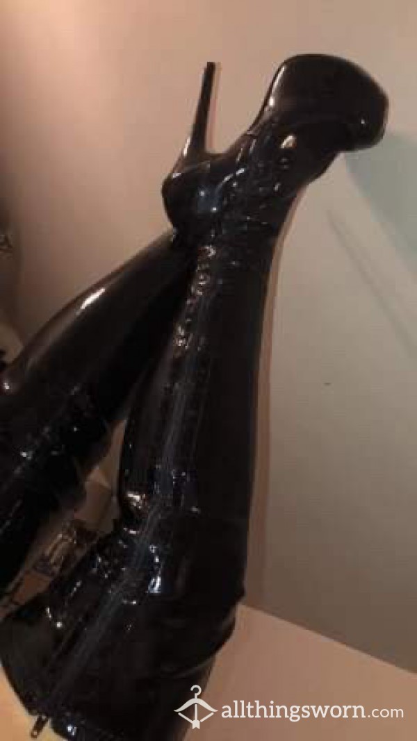 Thigh High, Black, Shiny Boots With Stiletto Heels Well Worn To Get Pounded In.