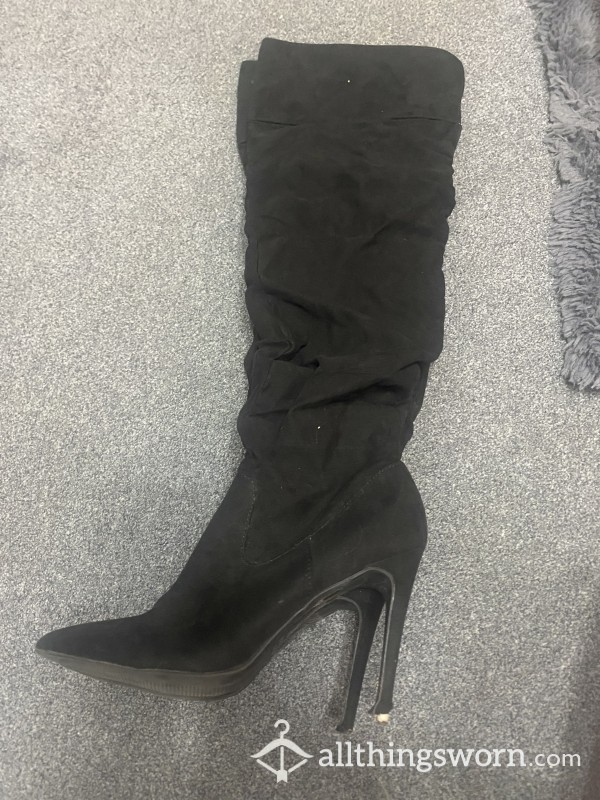 Thigh High Black Swede Stiletto Boots