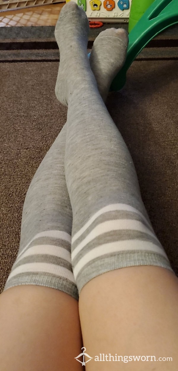 Thigh High Socks Grey And White