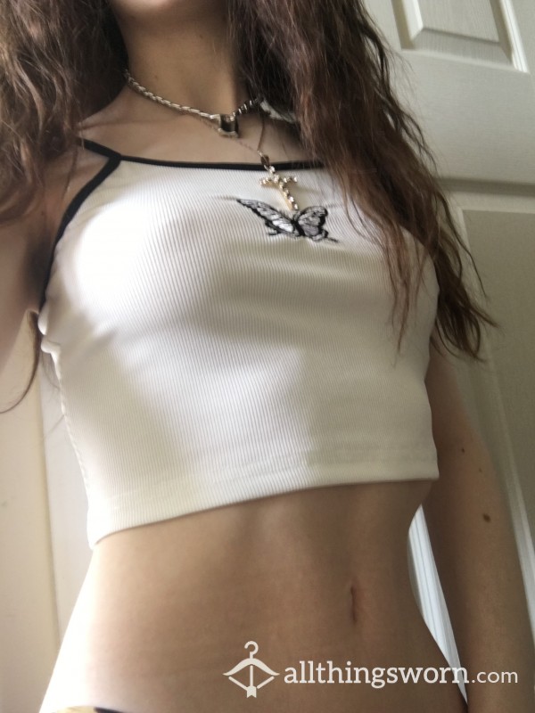 Thin White Ribbed Cami Crop Top With Cute Butterfly Embroidery Size Xs Worn Since This Morning🦋