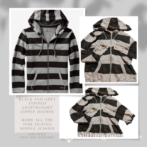 🧺📸☃️ Stock Photo Used For The First Photo ☃️ 15+ Years Old ☃️ Size Small ☃️ Black And Grey Striped Lightweight Zipper Hoodie ☃️ I Used To Wear This Everyday Back In Middle School ☃️