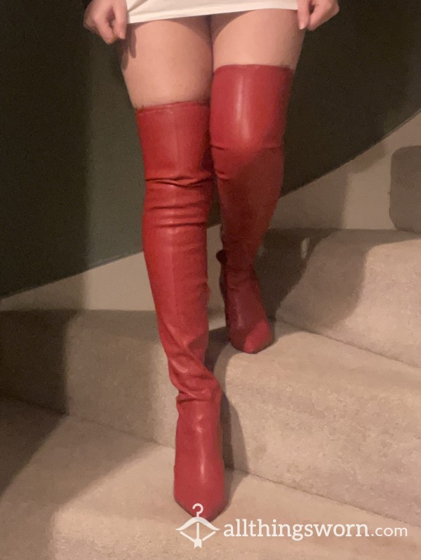 Thigh High Red Leather Boots