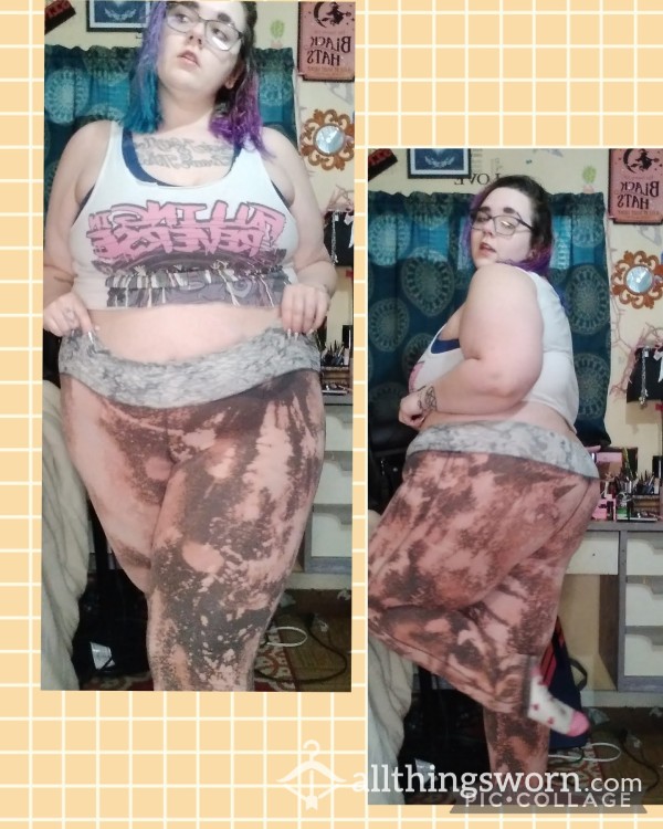 😶‍🌫Thrifted, 10 Year Old, Gray & Bleach Splatter Print Leggings😶‍🌫 Have Had Them Since I Was 19⭐ Elastic Waistband Is COMPLETELY Stretched Out 😱