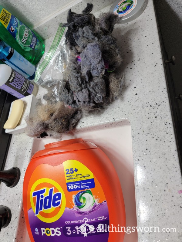 Tide Pod Bucket Full Of Laundry Lint And Odd Items From Washing In Laundry Room, Size 98 OZ