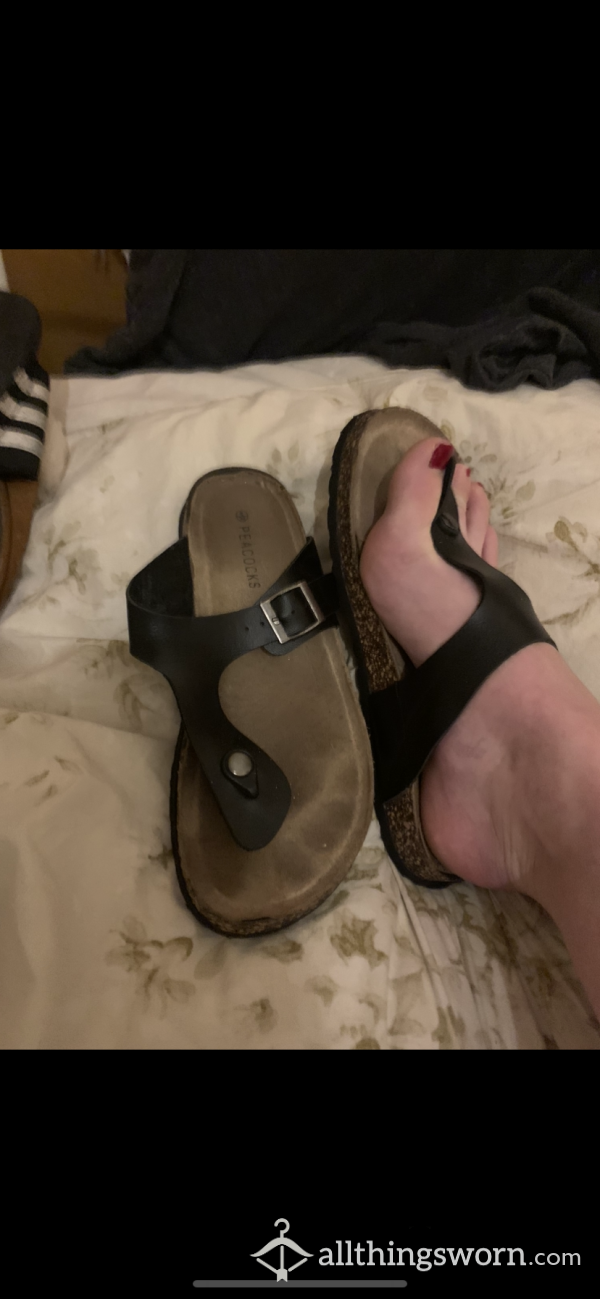 Tie Stained Well Worn Marked Sweaty Embedded Leather Thong Sandals