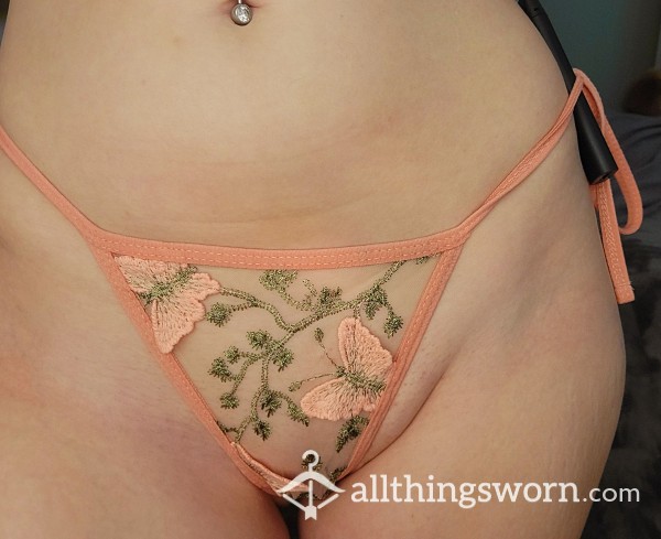 Tieable Butterfly Embroidered Pink Thong With Tying Straps & Cotton Gusset Size Small W Bralette Available Upon Request