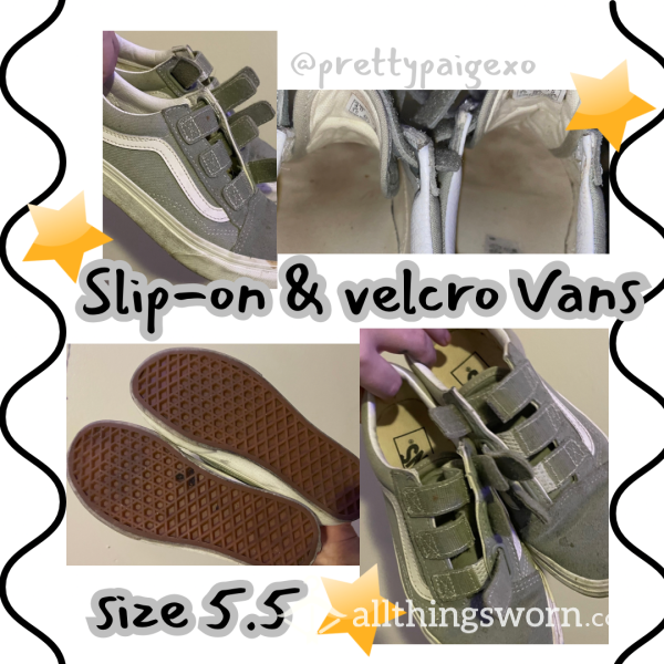 Tiny Feet 👣 Size 5.5 Vans 🫶🏼 Favorite Flat Shoes Slip-on Velcro 🩷 Sage Green 2 DAY WEAR