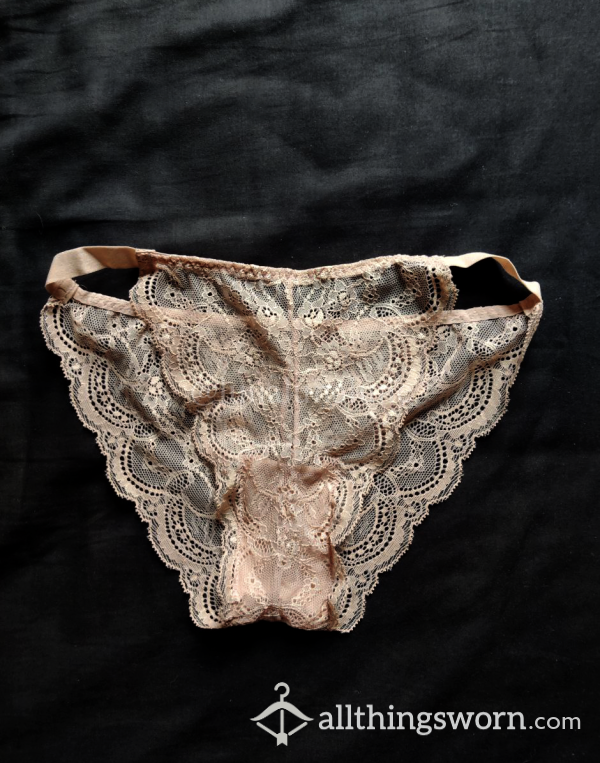 Tiny Nude Coloured Lace Brazilian Cut Panties UK 6, Soaking Wet From Asian Goddess