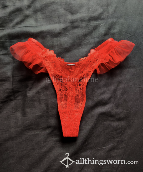 Tiny UK 6 Red Lace Frilly Thong, Soaking Wet From Asian Goddess